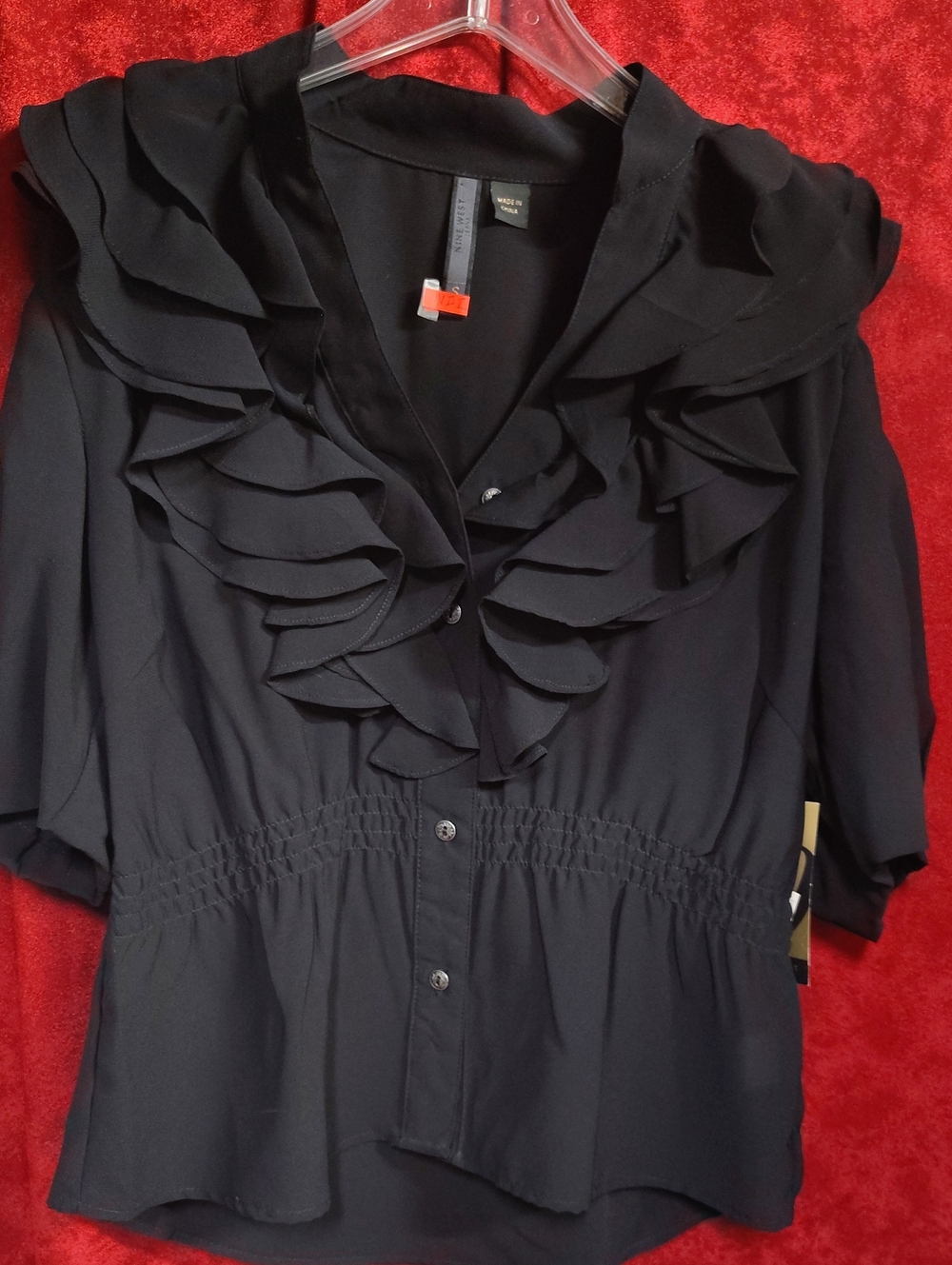 Nine West Black Ruffle-Front Button Blouse